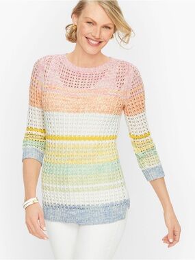 Talbots NWT 100% Cotton Pastel Stripe Coastal Open Knit Lightweight Sweater Sz L